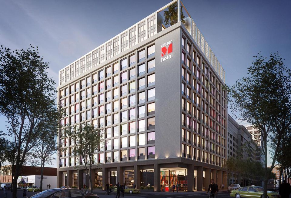 Rendering of BLVD Hospitality and citizenM's modular hotel 11-story, 315-room hotel in downtown Los Angeles