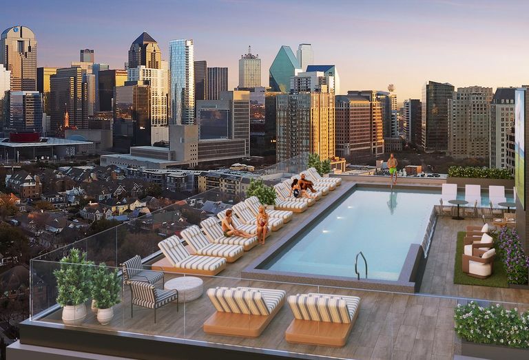Rendering of the rooftop lounge and infinity pool planned for The Lucille in Uptown Dallas.