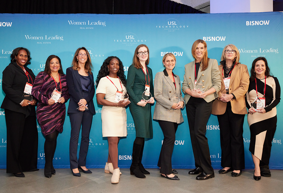 MURAL Real Estate Partners's Robin Zeigler,  M To-Pros Development's Mildred Tolentino, Silverstein Properties' Lisa Silverstein, Manulife Investment Management's Onay Payne, Douglaston Development's Liz Oakley, BDT & MSD Partners's Sabrina Gleizer, Newmark's Elizabeth Hart and Gensler's Sonya Dufner with their awards at Bisnow's 2024 Power Women event.