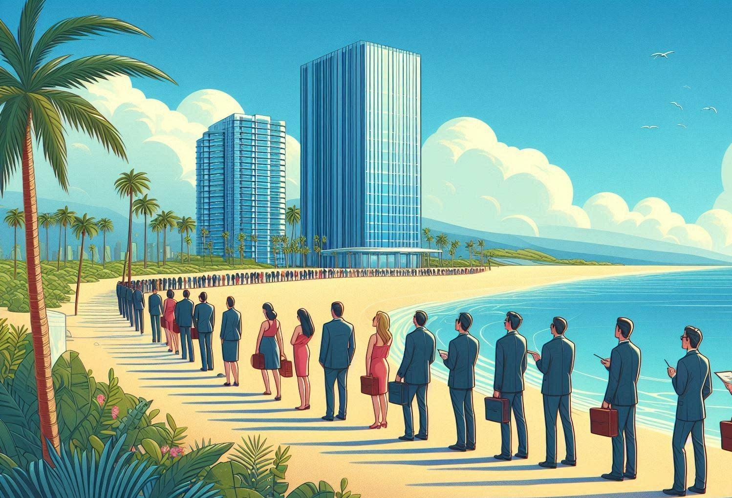 Business People In Line For A Skyscraper On The Beach 2