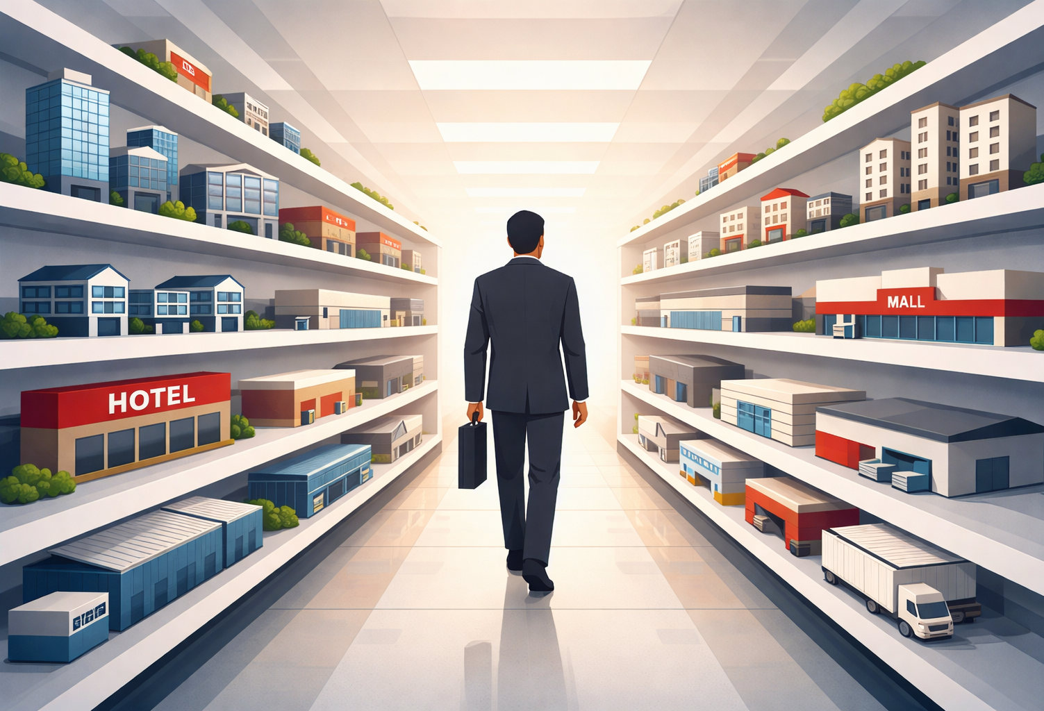 Businessman grocery aisle of buildings 