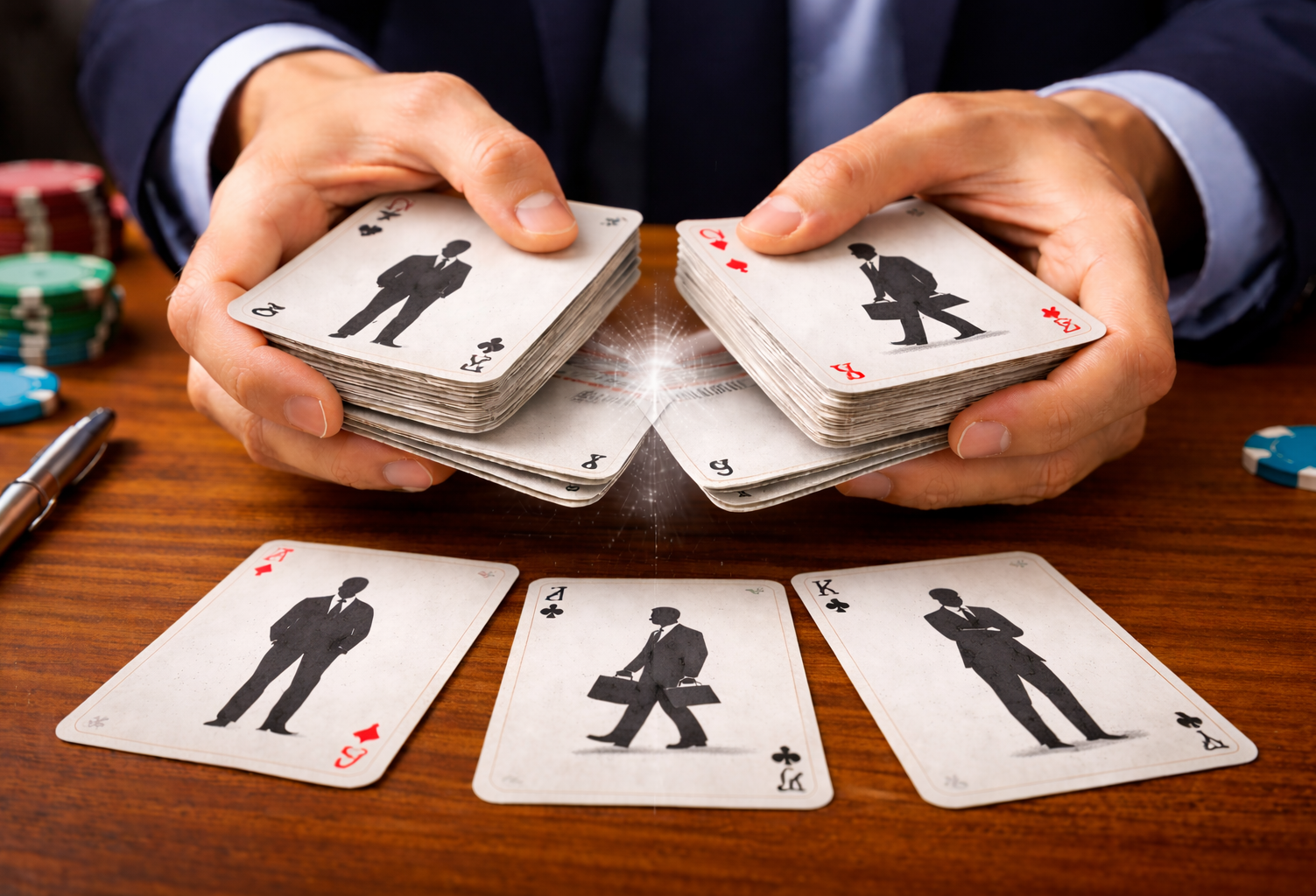 Person showing a deck of cards with silhouettes of men in suits.