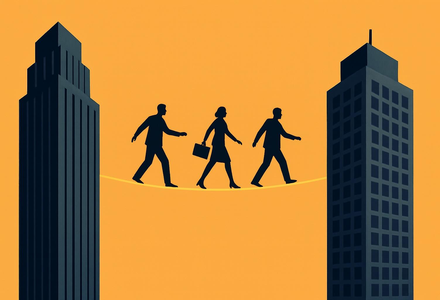People In Suits Walk a Tight Rope Between Buildings