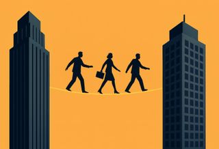 People In Suits Walk a Tight Rope Between Buildings