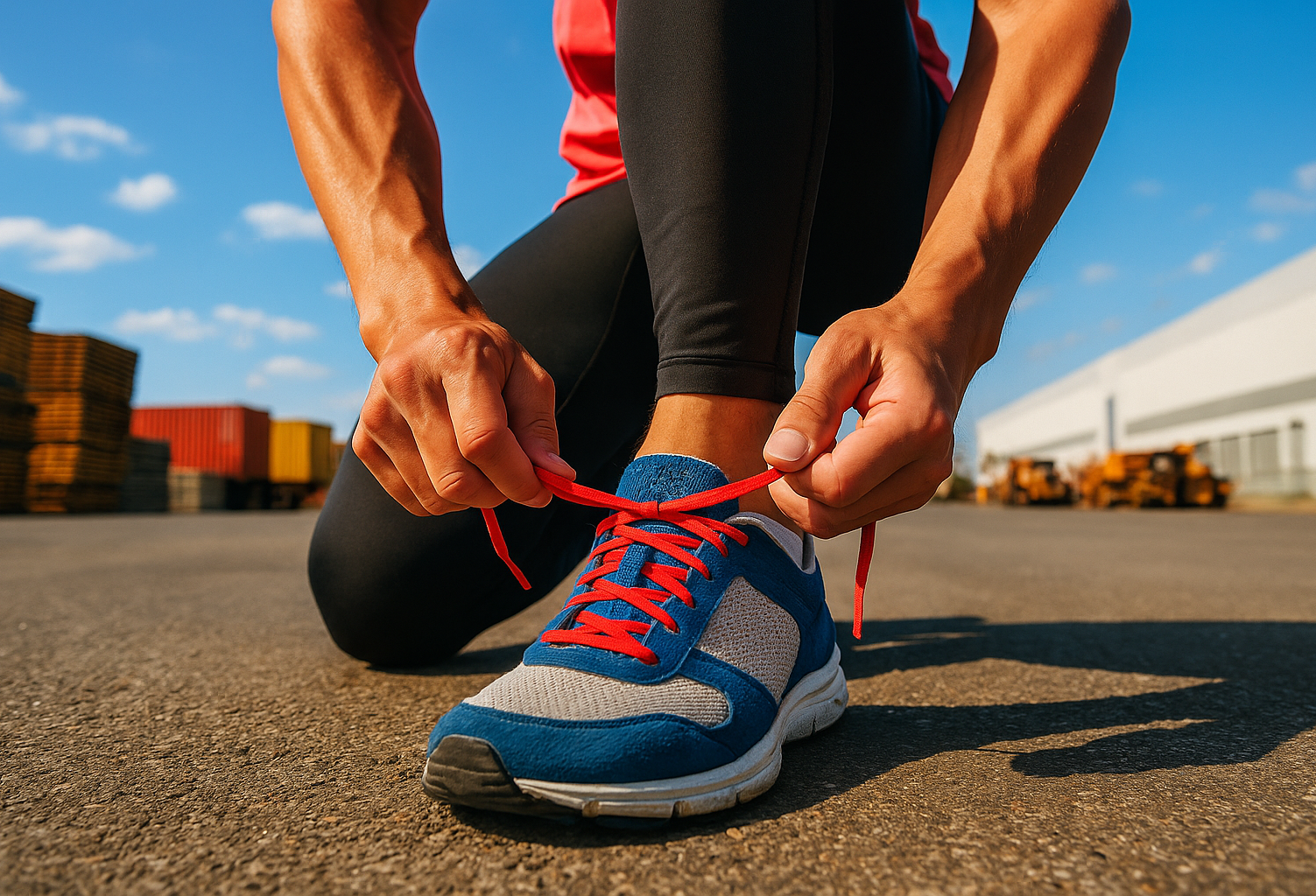A person ties the laces on their running shoe. 