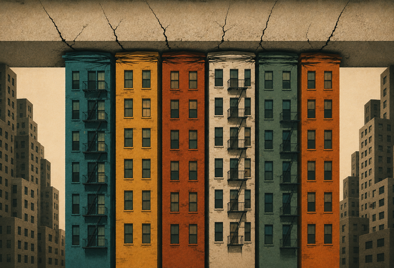 Colorful apartment buildings pushing against a cracked concrete ceiling. 