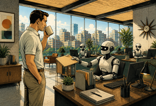 Man sips coffee in an office with robots sitting at desks.