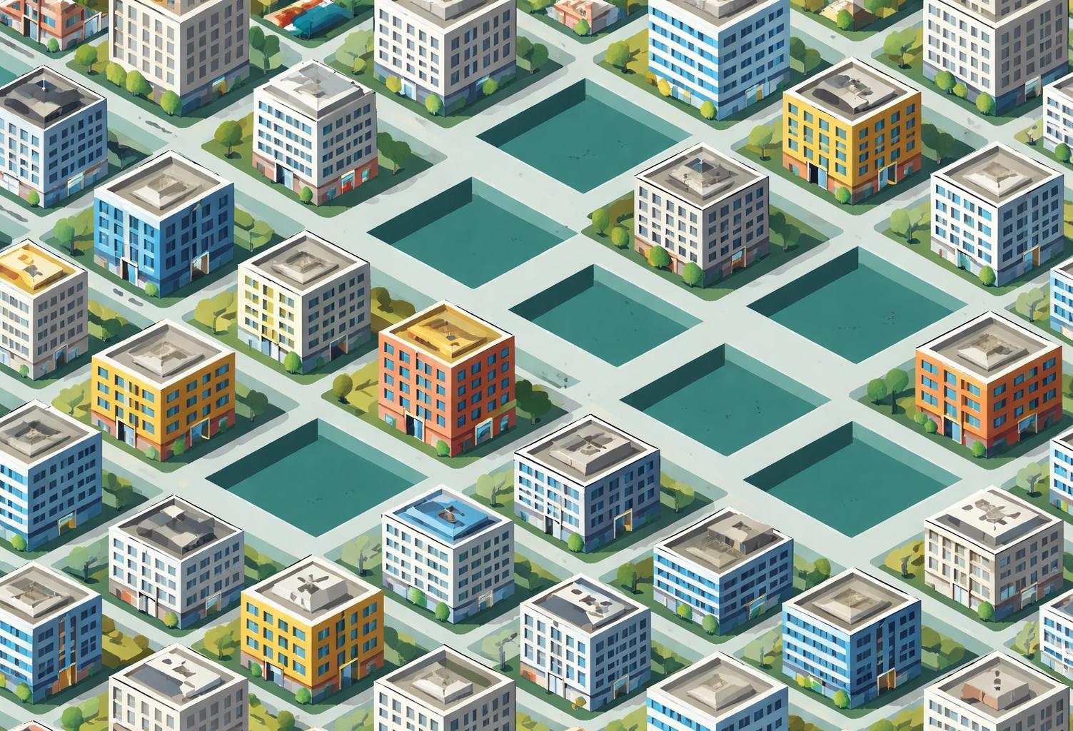 Grid of buildings with some missing for Bank OZK Story