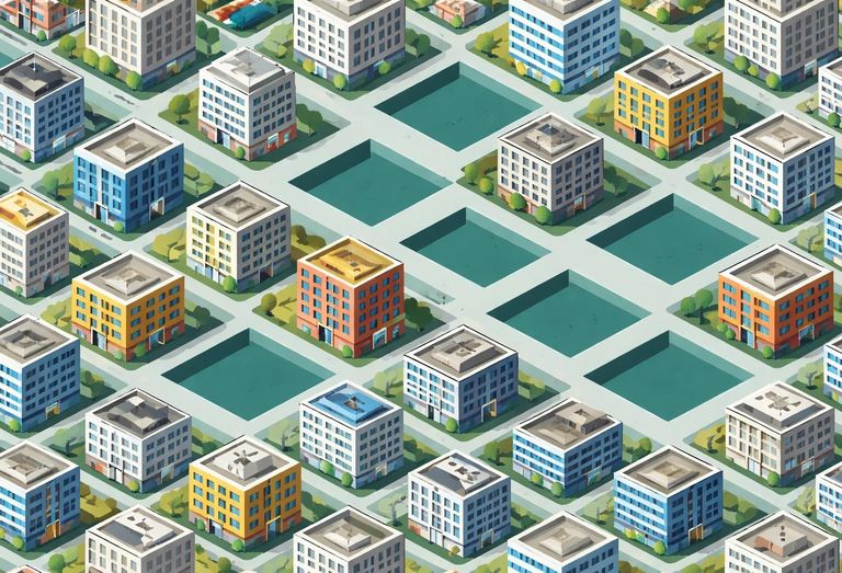 Grid of buildings with some missing for Bank OZK Story