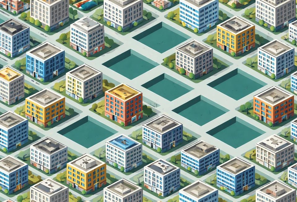 Grid of buildings with some missing for Bank OZK Story