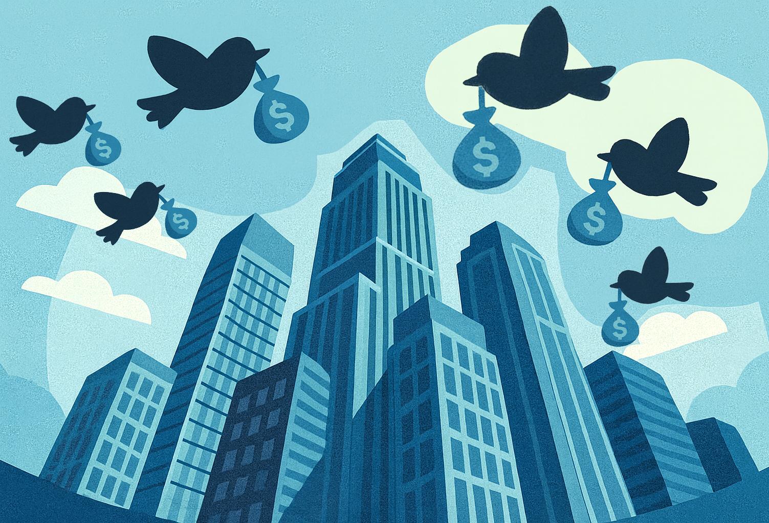 Birds With Cash Circling Skyscrapers
