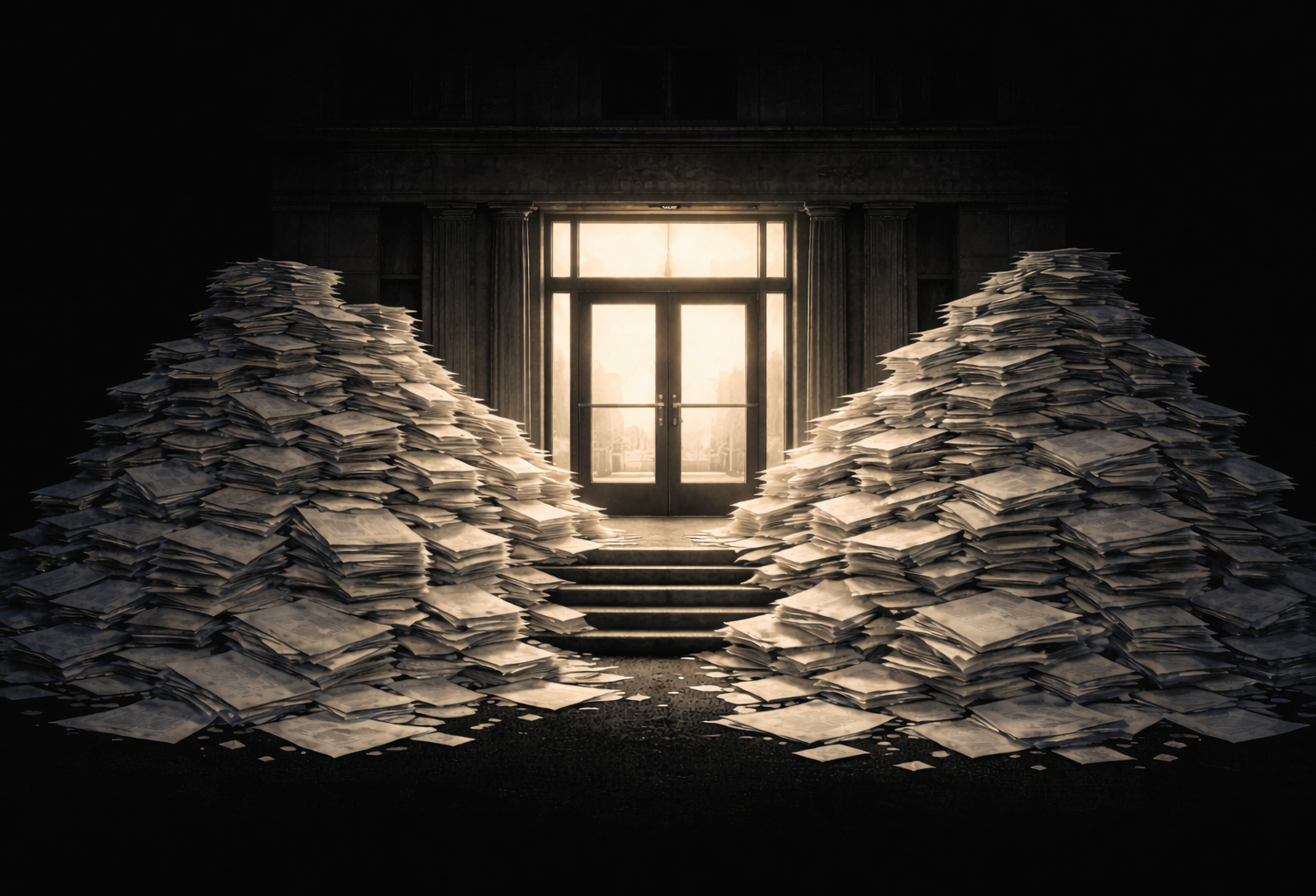 Papers piling up outside a building