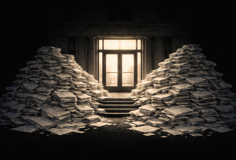 Papers piling up outside a building
