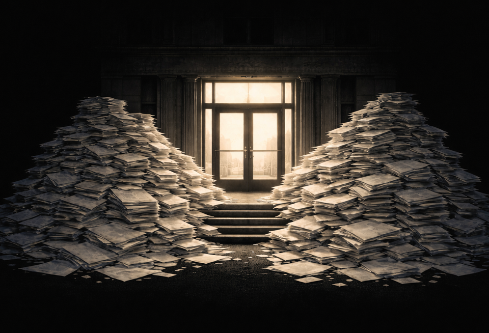 Papers piling up outside a building