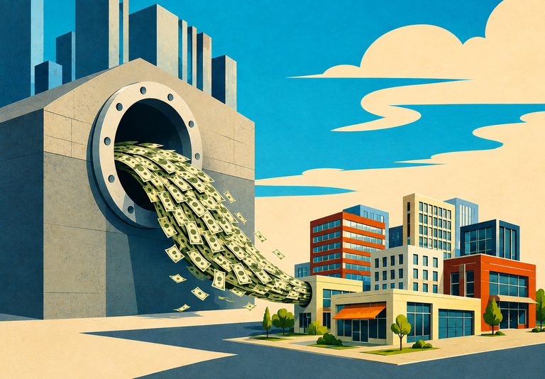Illustration of money flowing to middle-markets commercial real estate.