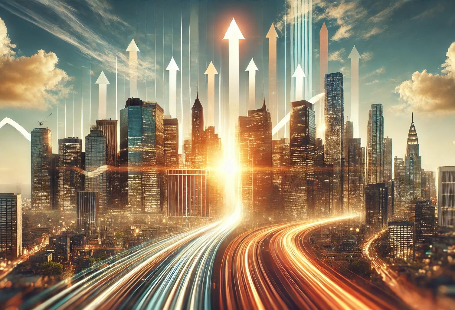 Cityscape With Positive Momentum Upward Arrows