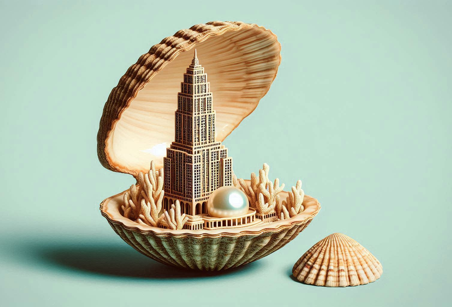 Skyscraper in a shell with a pearl