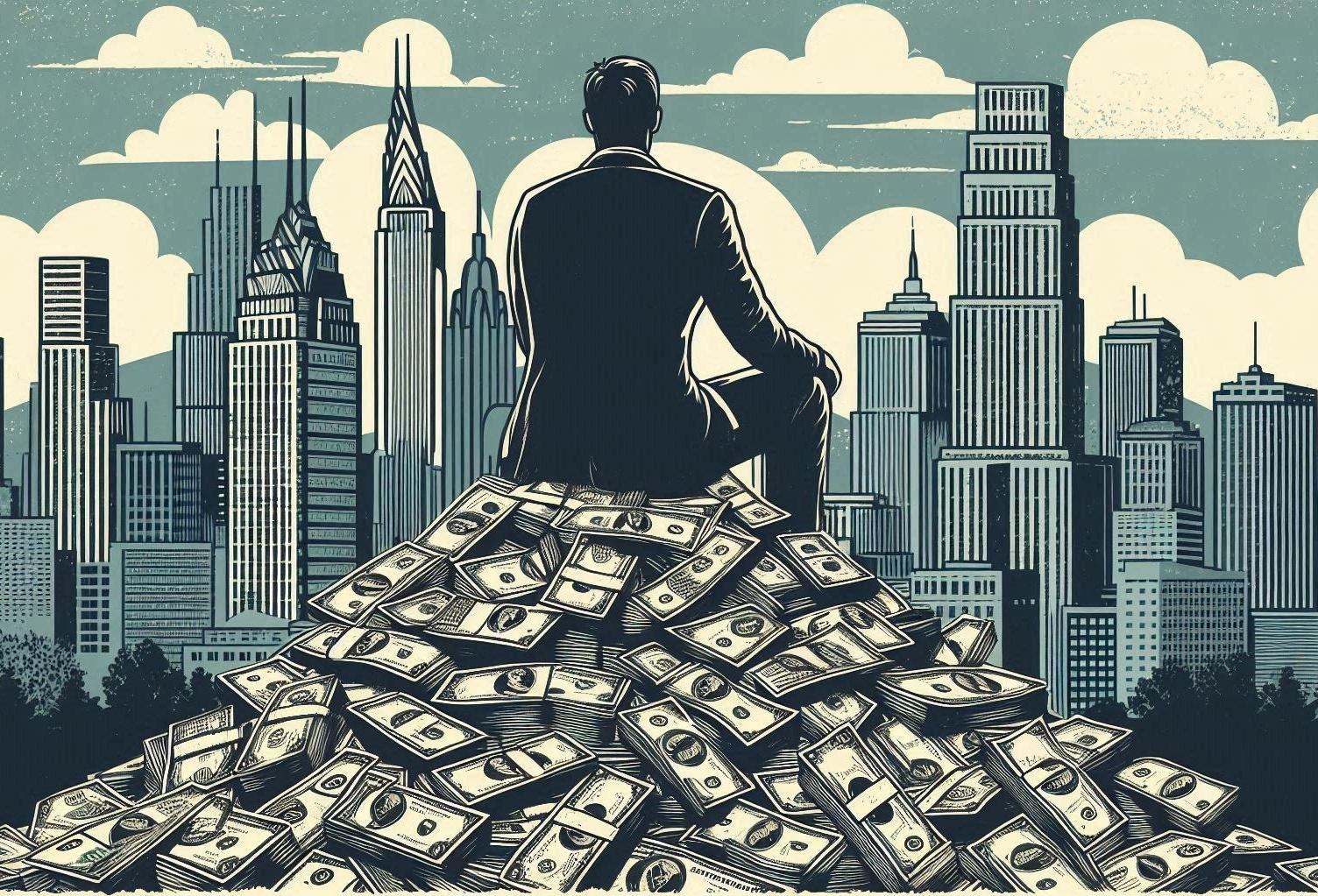 Business Man Sitting On Pile Of Money With A Skyline