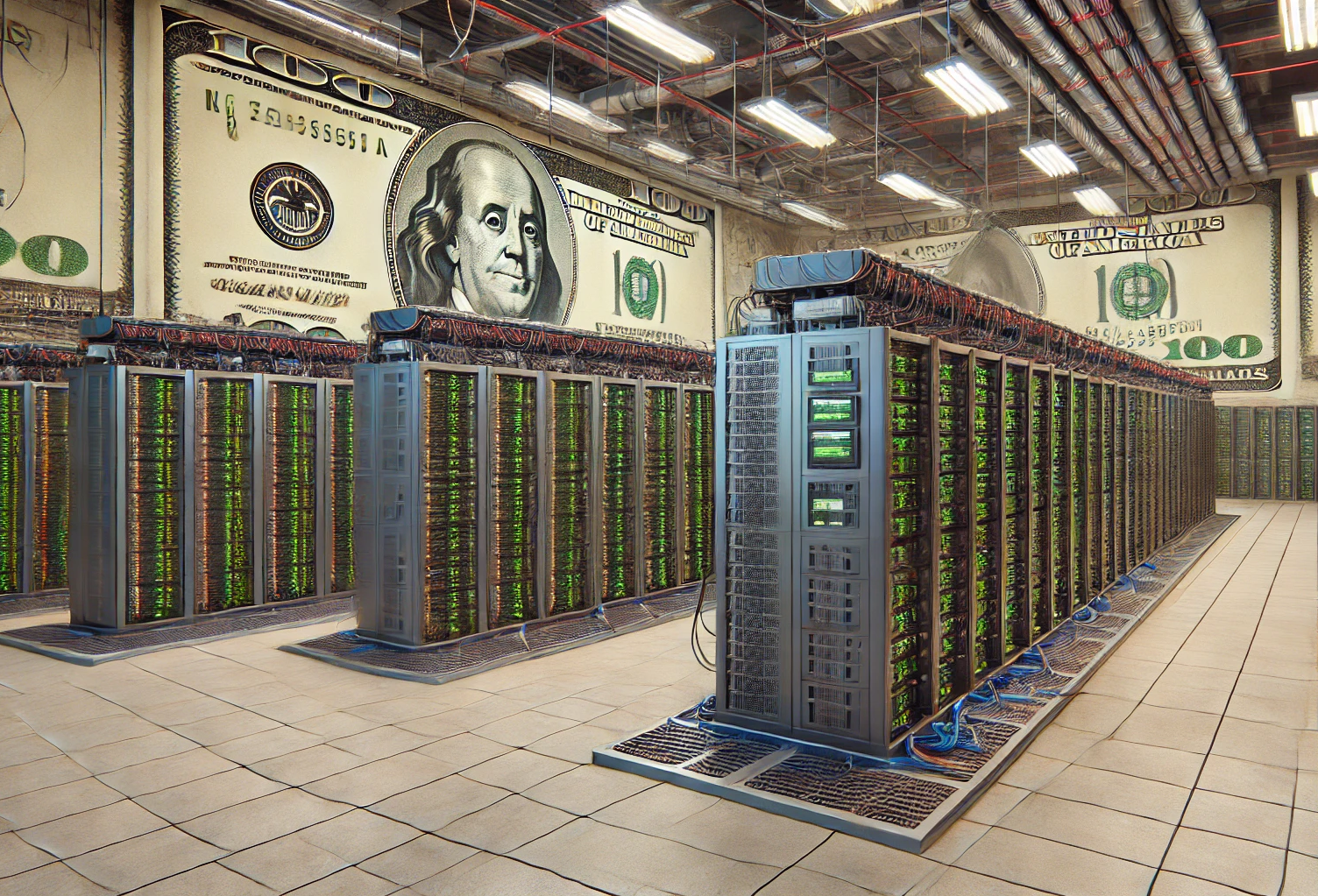 An AI-generated image of a data center plastered with $100 bills.