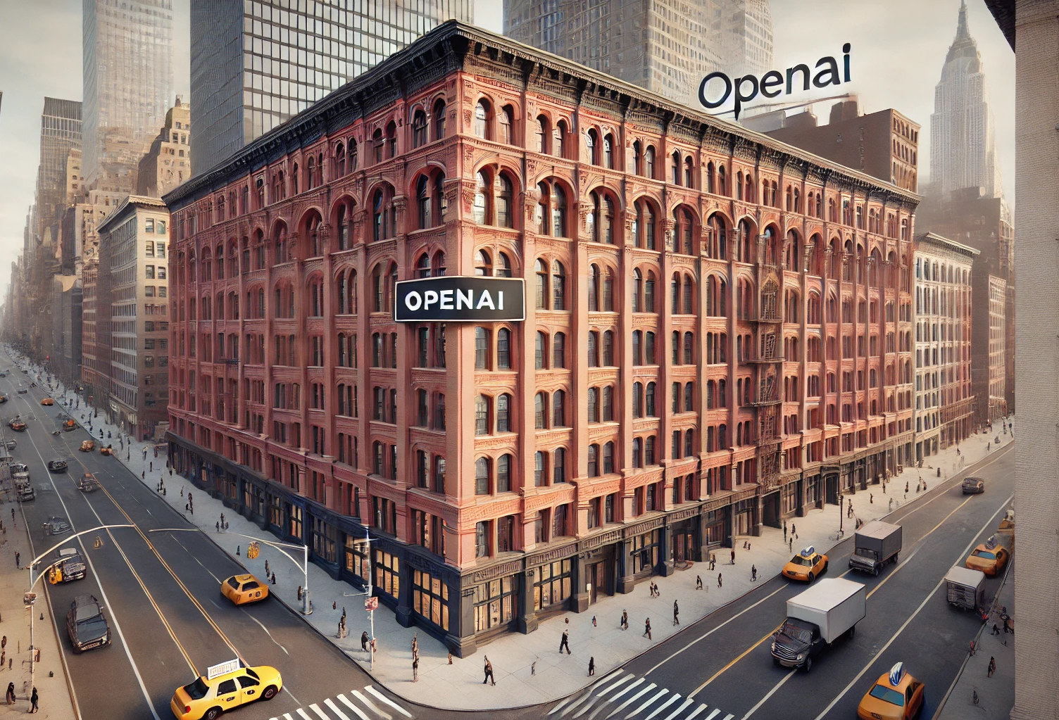 A ChatGPT-generated image of the Puck Building in Manhattan with an OpenAI logo atop the landmark. OpenAI is opening its first NYC office in the property.