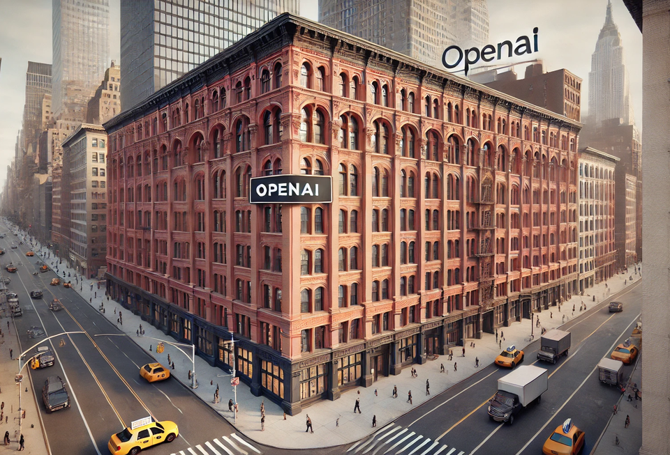 A ChatGPT-generated image of the Puck Building in Manhattan with an OpenAI logo atop the landmark. OpenAI is opening its first NYC office in the property.
