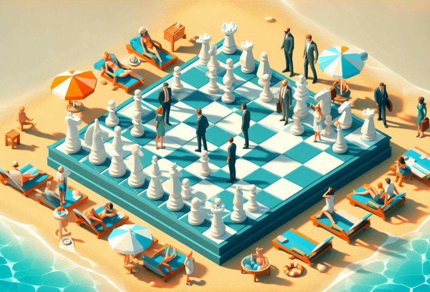 People in suits on a chess board on the beach