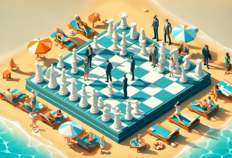 People in suits on a chess board on the beach
