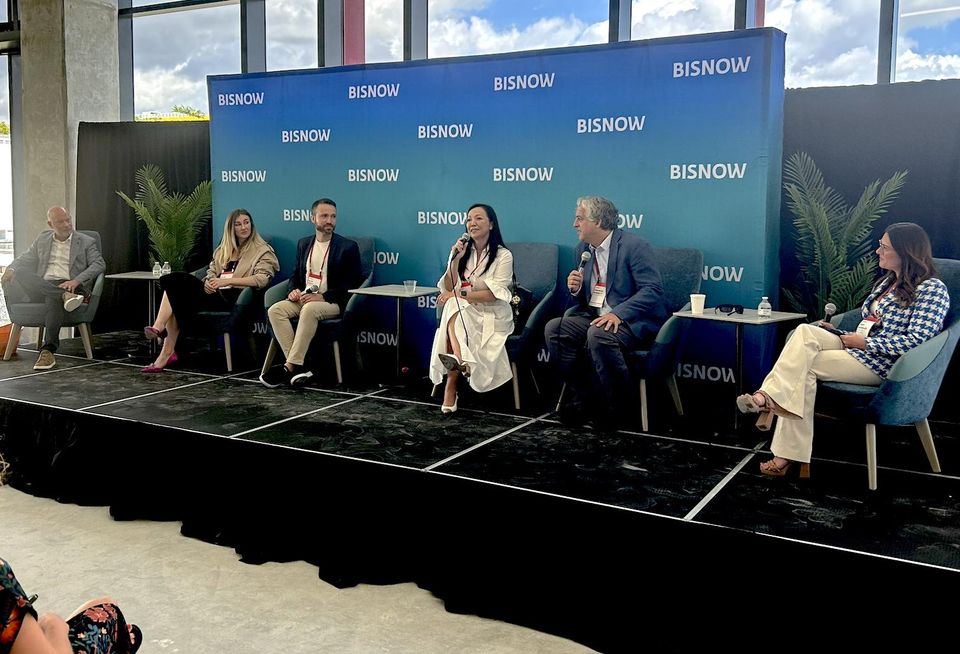Two Roads Development’s Brad Meltzer, Newgard Development Group’s Kate Sanko, Indiewalls’ Gavi Wolf, Swire Properties’ Jessica Chen, RSP Architects’ Andrew Burnett and Fontainebleau Development’s Jodi Sandler at Bisnow’s South Florida Architecture, Design and Interiors event on March 23, 2024 at Strata Wynwood in Miami.
