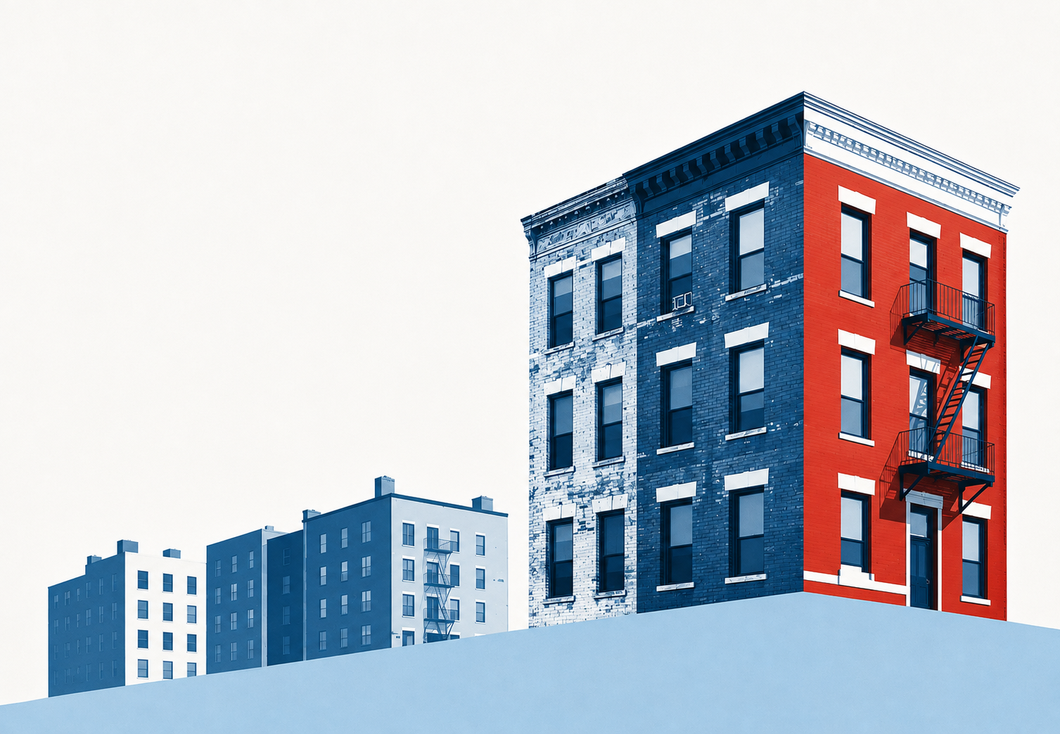 A row of stylized apartment buildings with contrasting red and blue tones.