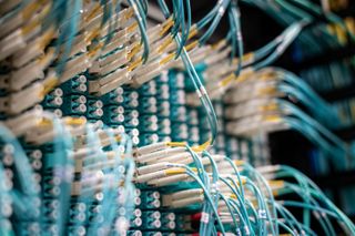 Close-up of a network server with multiple blue and white cables connected to ports, creating a complex array of connections.