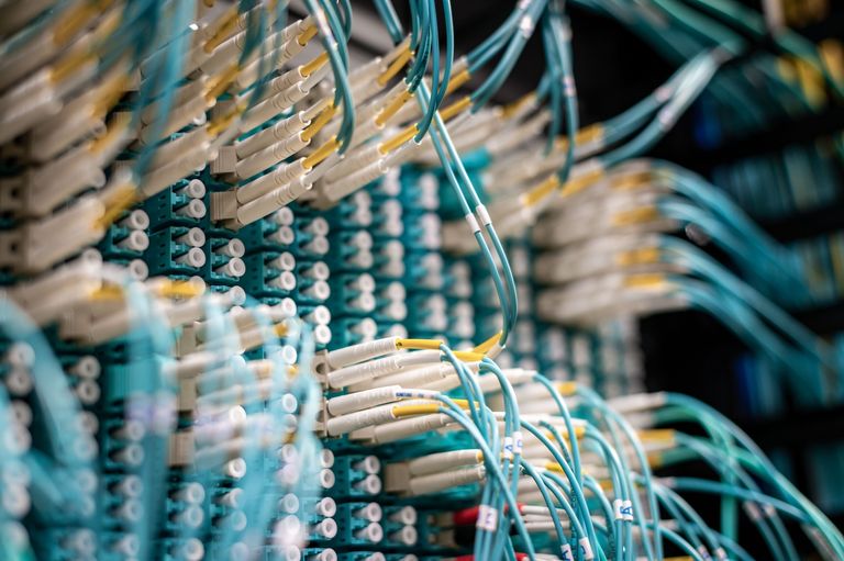 Close-up of a network server with multiple blue and white cables connected to ports, creating a complex array of connections.