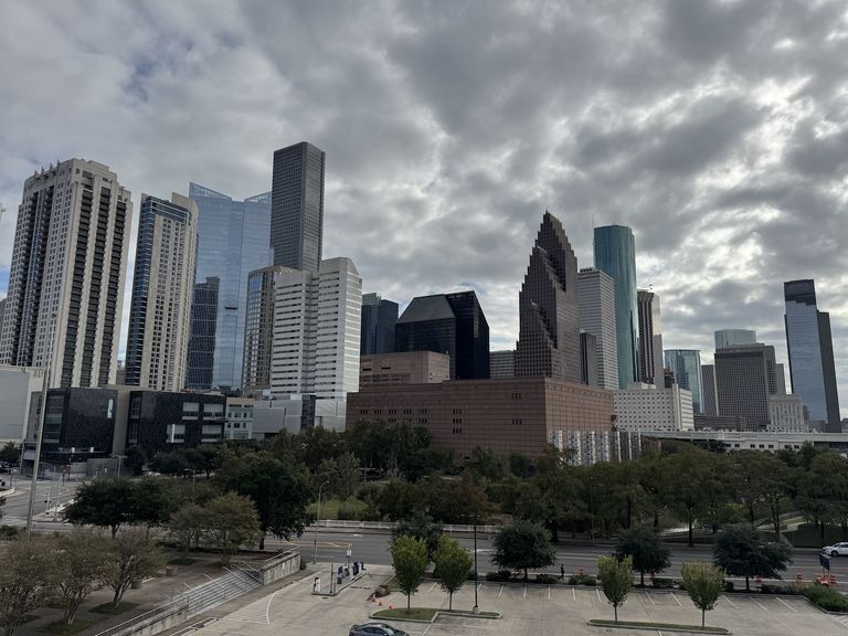 A skyline view of a city with tall modern skyscrapers under a cloudy sky, and a few trees and a parking lot in the foreground.