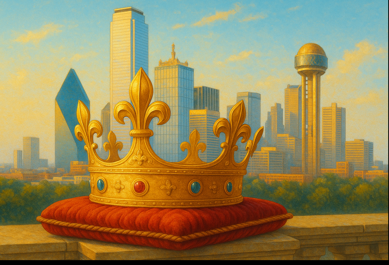 crown sitting on pillow in front of Dallas skyline