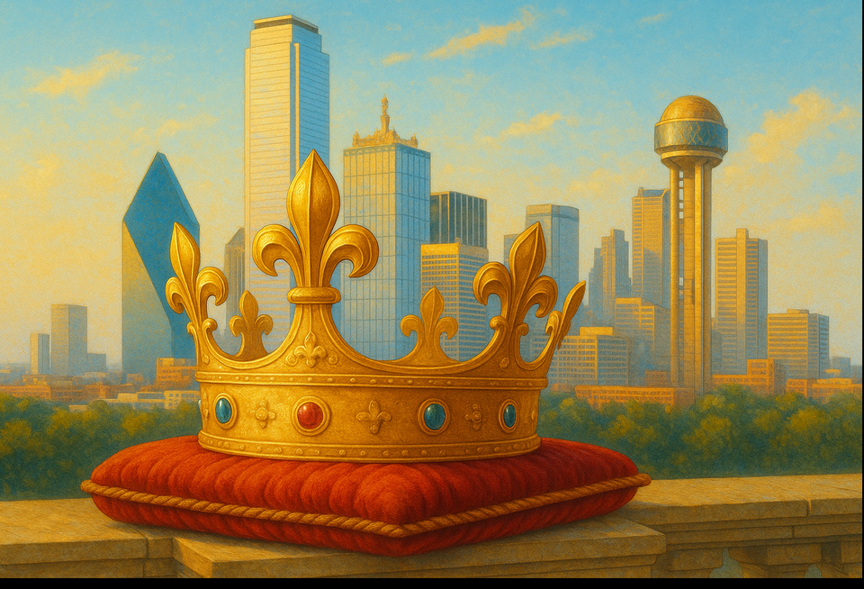 crown sitting on pillow in front of Dallas skyline