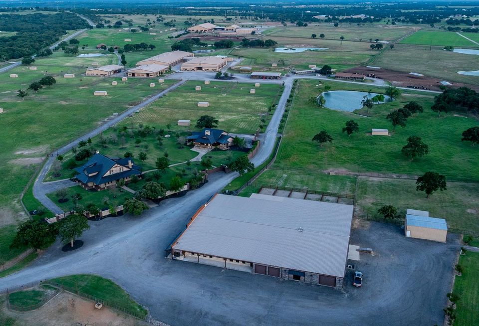 Aerial view of a ranch.