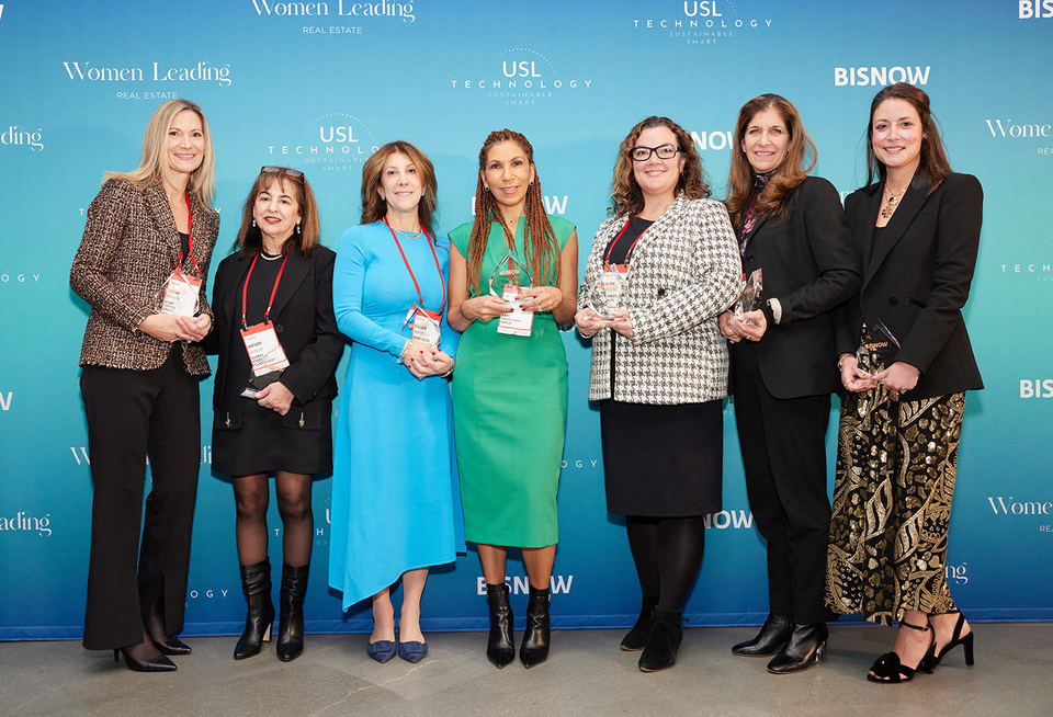 Atlas Capital Group's Jackie Renton, Global Holdings Management Group's Wendy Mosler, Debevoise & Plimpton's Nicole Mesard, Basis Investment Group's Tammy Jones, SL Green Realty's Laura Jackson, Affinius Capital's Laurie Golub and CBRE's Lauren Crowley Corrinet at Bisnow's 2024 Power Women event.