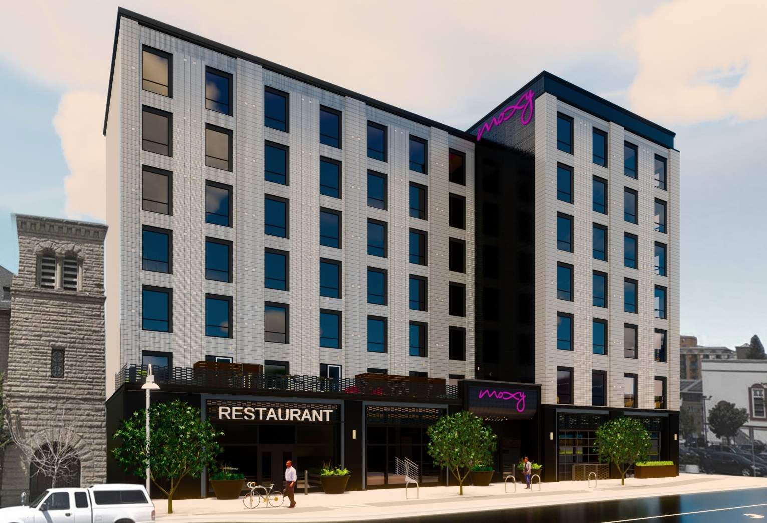A rendering of the Marriott Moxy being developed through modular construction by Tidewater Capital and Graves Hospitality, due in Oakland by 2021. A rendering of EJF Capital and Tidewater's Moxy Hotel coming to Uptown Oakland in 2021.