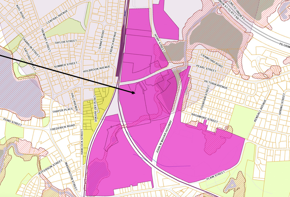A map of Braintree's Red Line South zoning district.