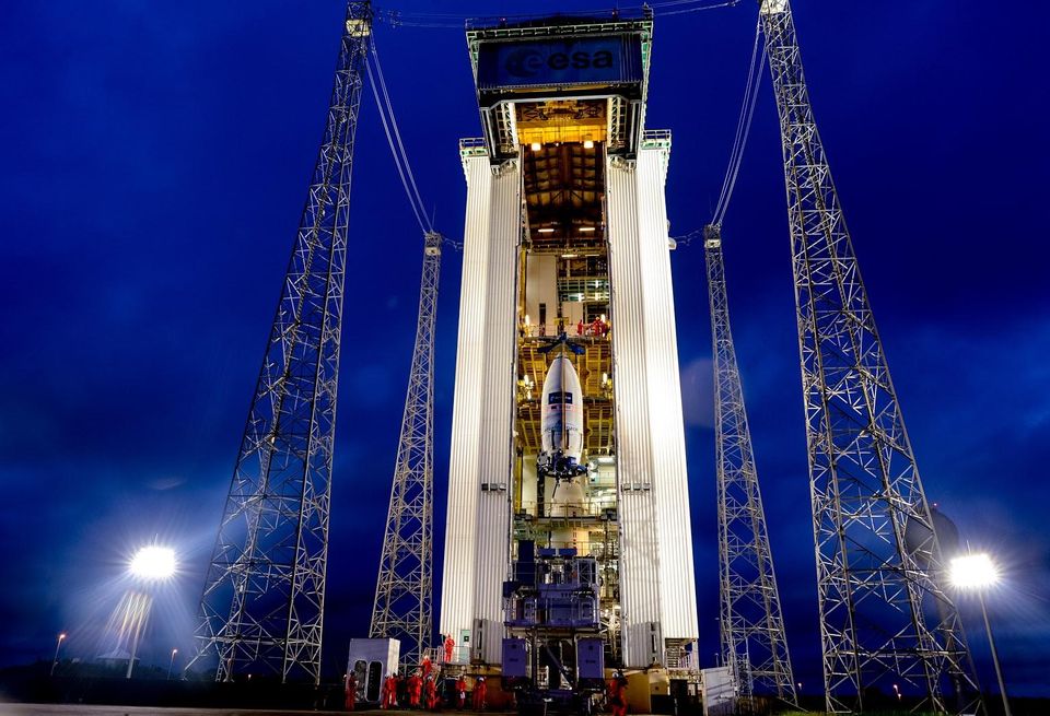 A Europian Space Agency Sentinel 2A satellite is raised onto a launch platform.