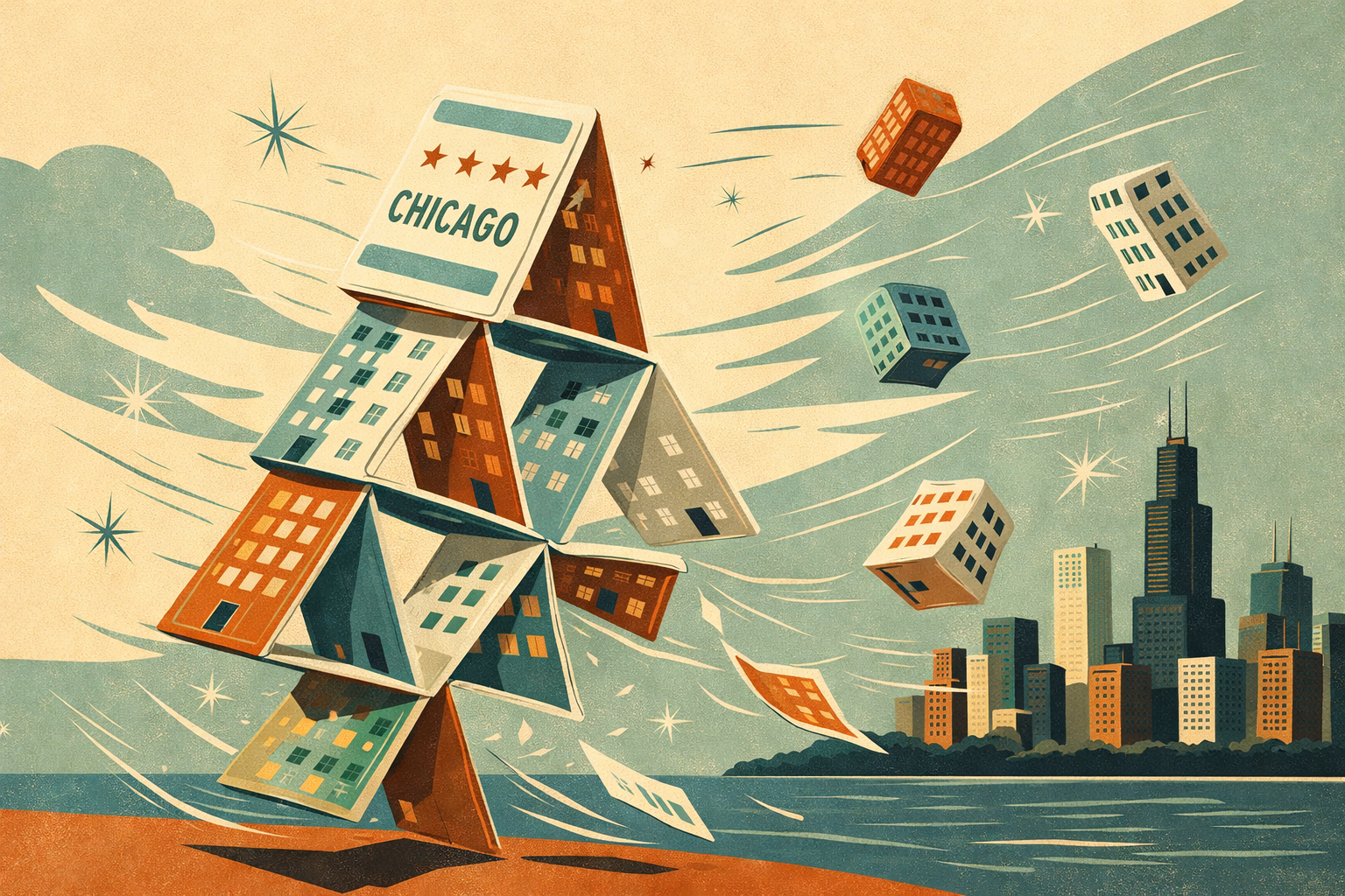 Graphic showing Chicago multifamily as a crumbling house of cards, with Chicago in the background, in an atomic-age aesthetic.