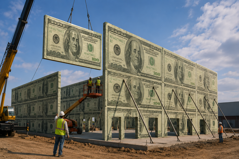 Construction site with workers assembling walls made to look like giant $100 bills, using a crane and lift, under a blue sky.