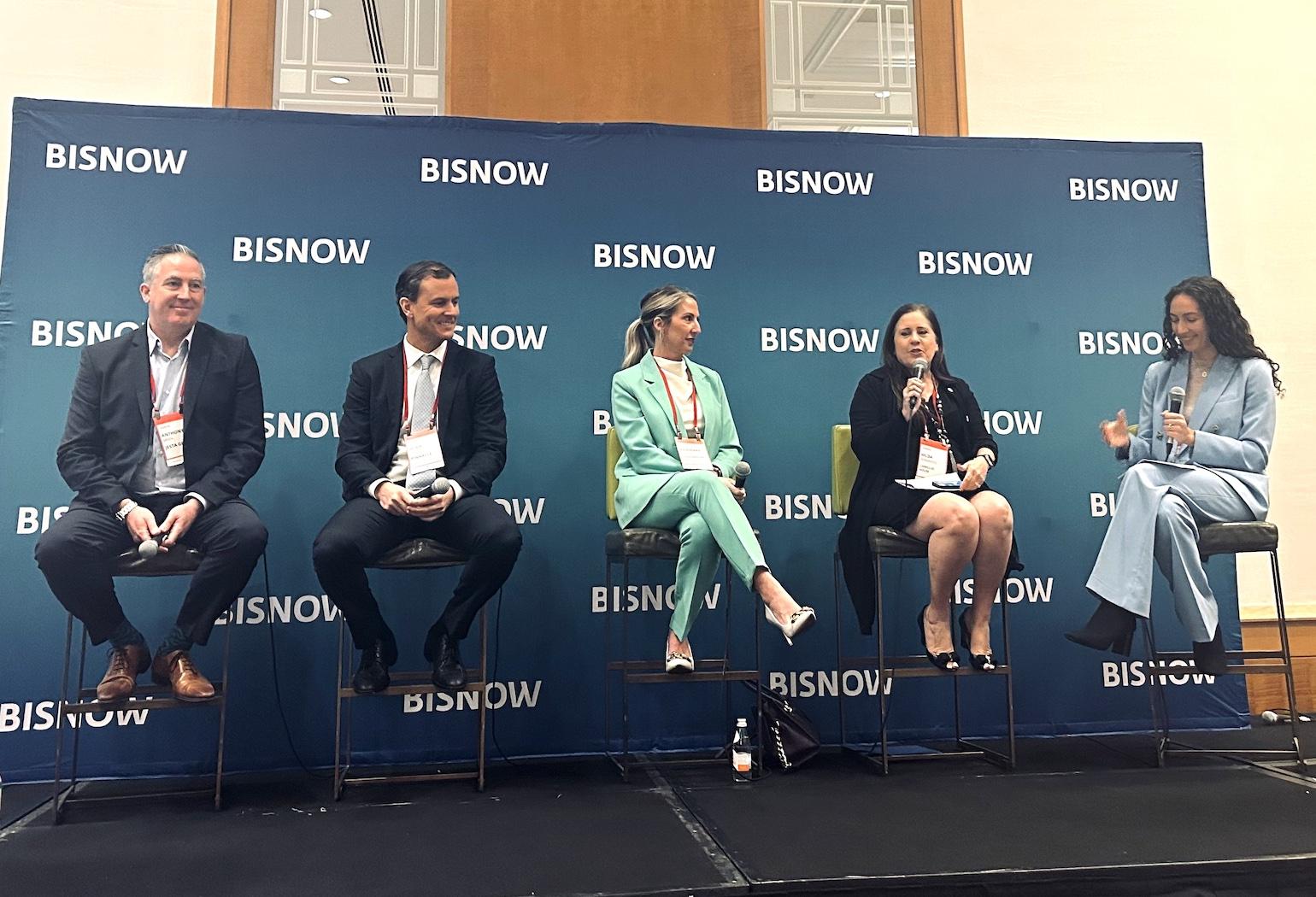 Jesta Group’s Anthony O’Brien, Pinnacle’s Hugo Pacanins, Transformation Title’s Rosemary Calcese, Camilus House’s Hilda Fernandez and MAGASI’s Maty Jamal at Bisnow’s Florida Multifamily Summit on Nov. 16, 2023. 

