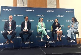 Jesta Group’s Anthony O’Brien, Pinnacle’s Hugo Pacanins, Transformation Title’s Rosemary Calcese, Camilus House’s Hilda Fernandez and MAGASI’s Maty Jamal at Bisnow’s Florida Multifamily Summit on Nov. 16, 2023. 
