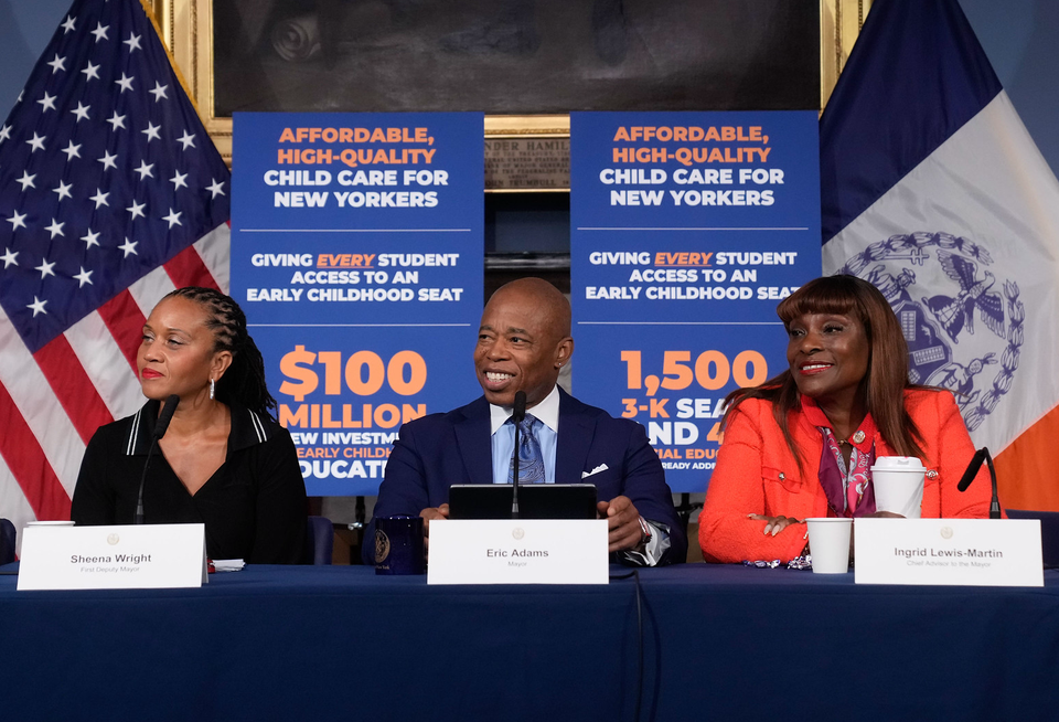 NYC Mayor Eric Adams in September 2024, flanked by then-First Deputy mayor Sheena Wright and top aide Ingrid Lewis-Martin. Wright resigned a month later in October, making her one of many high-level officials close to Adams to step down as federal investigations into the mayor intensified.