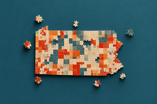 A colorful puzzle in the shape of Pennsylvania with scattered pieces on a blue background.