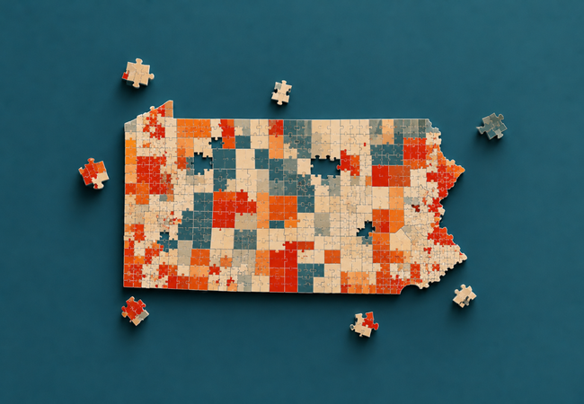 A colorful puzzle in the shape of Pennsylvania with scattered pieces on a blue background.