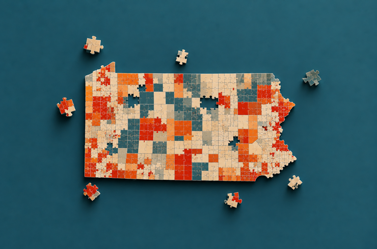 A colorful puzzle in the shape of Pennsylvania with scattered pieces on a blue background.