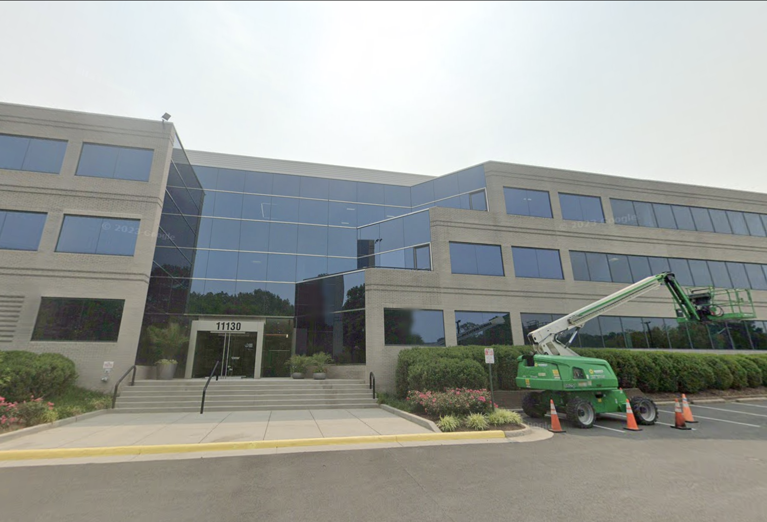 The office building at 11130 Sunrise Valley Drive, part of the Makers Point complex in Reston. 