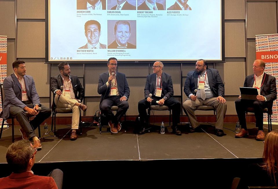 Marsh’s Matthew Maffai, Brickeye’s Alex Fuentes, Mast Capital’s Carlos Casal, Berkshire Hathaway Speciality Insurance’s Robert Tricamo, The Related Group’s Andrew Cohn and Desimone Consulting Engineering’s William O’Donnell at Bisnow’s South Florida Condo Summit on April 11, 2024. 