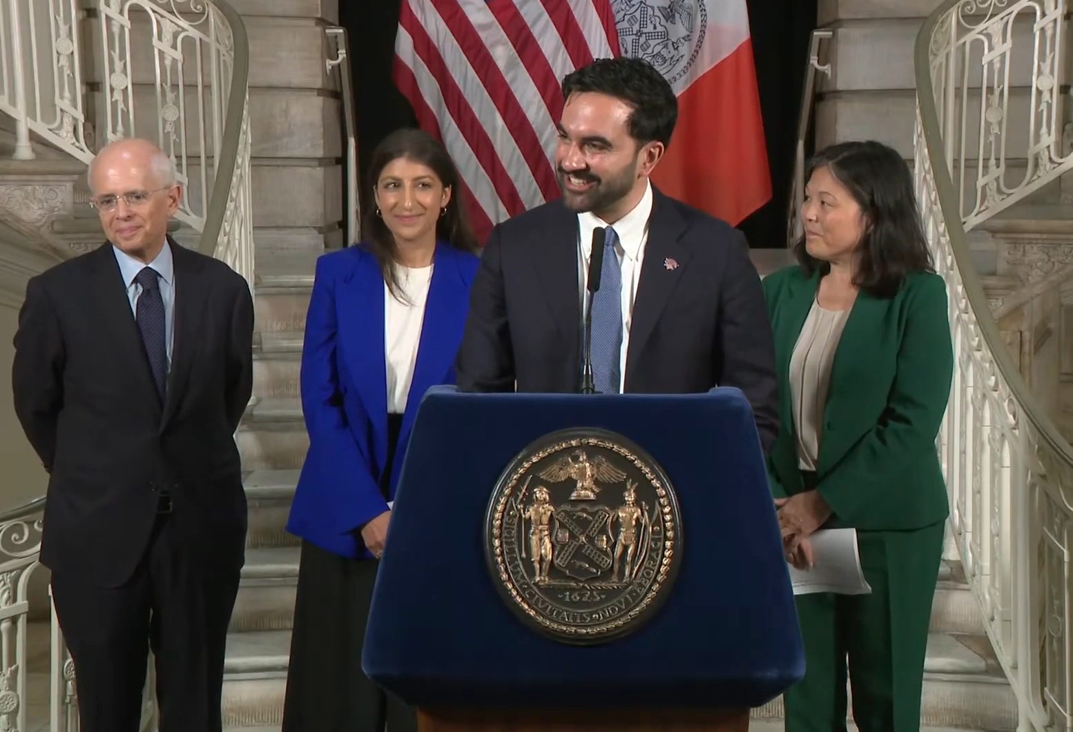 New York City Mayor Zohran Mamdani introduces Anthony Shorris and Lina Khan, left, as CEO and chair, respectively, of the New York City Economic Development Corp.